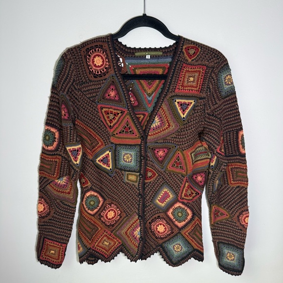 Peruvian Connection Granny Square Patchwork Cardigan Sweater Small Pima RARE - Picture 2 of 10